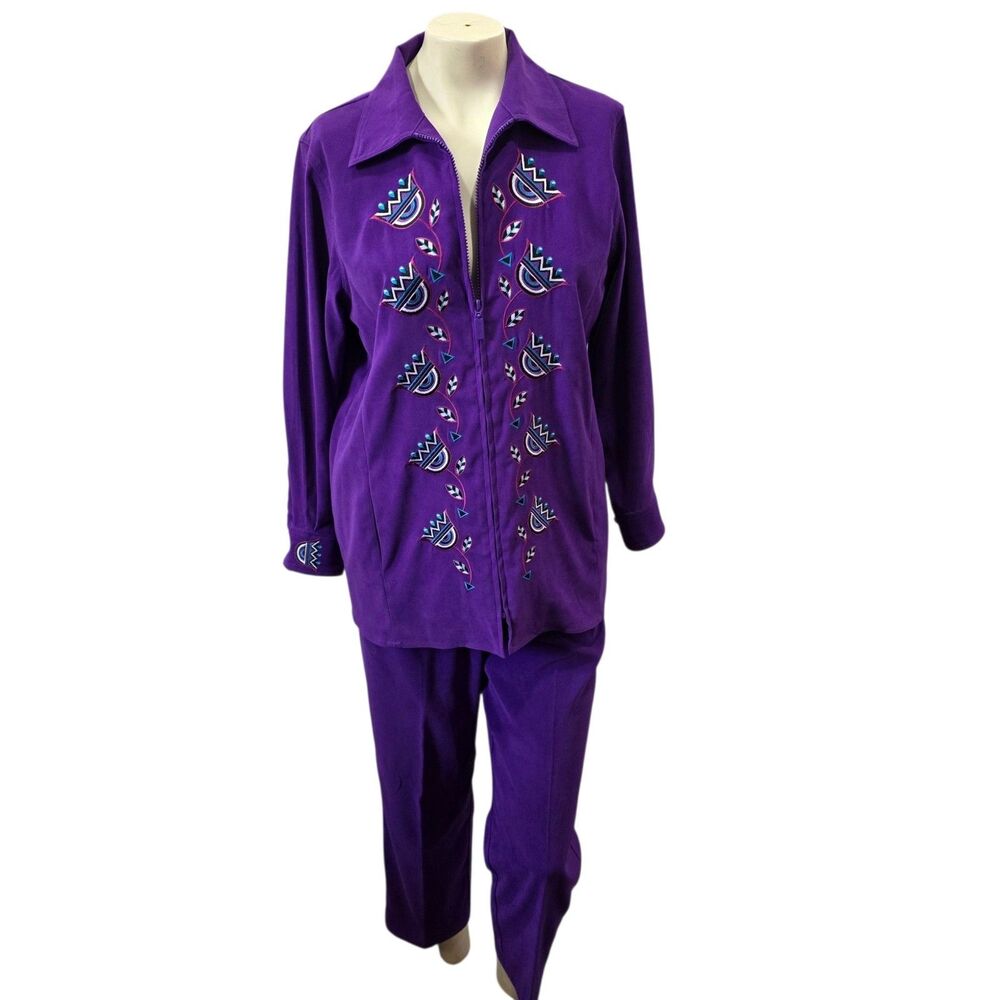 Bob Mackie Wearable Art Purple Embroidered 2 Pc Pant Set Womens Vintage XL